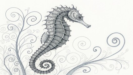 Fototapeta premium detailed pencil sketch illustration of a seahorse among swirling,elegant plants for websites or blogs dedicated to marine life,fantasy,tattoos,or intricate art.