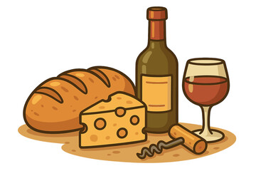 Naklejka premium Wine and cheese tasting. Red wine bottle, glass, bread loaf and swiss cheese wedge. Gourmet food pairing for picnic or appetizer. Vector cartoon still life illustration.