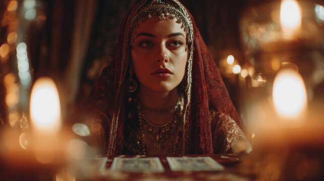 Young woman performing a tarot card reading with candles lit  