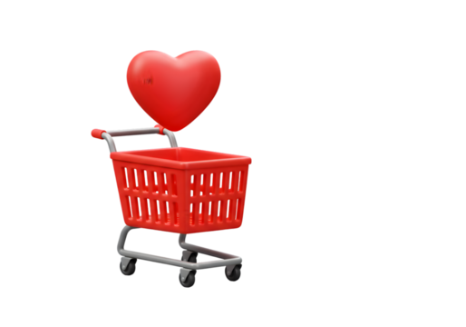 3D Rendered Red Shopping Cart With a Heart Floating Isolated on Transparent Background - Powered by Adobe