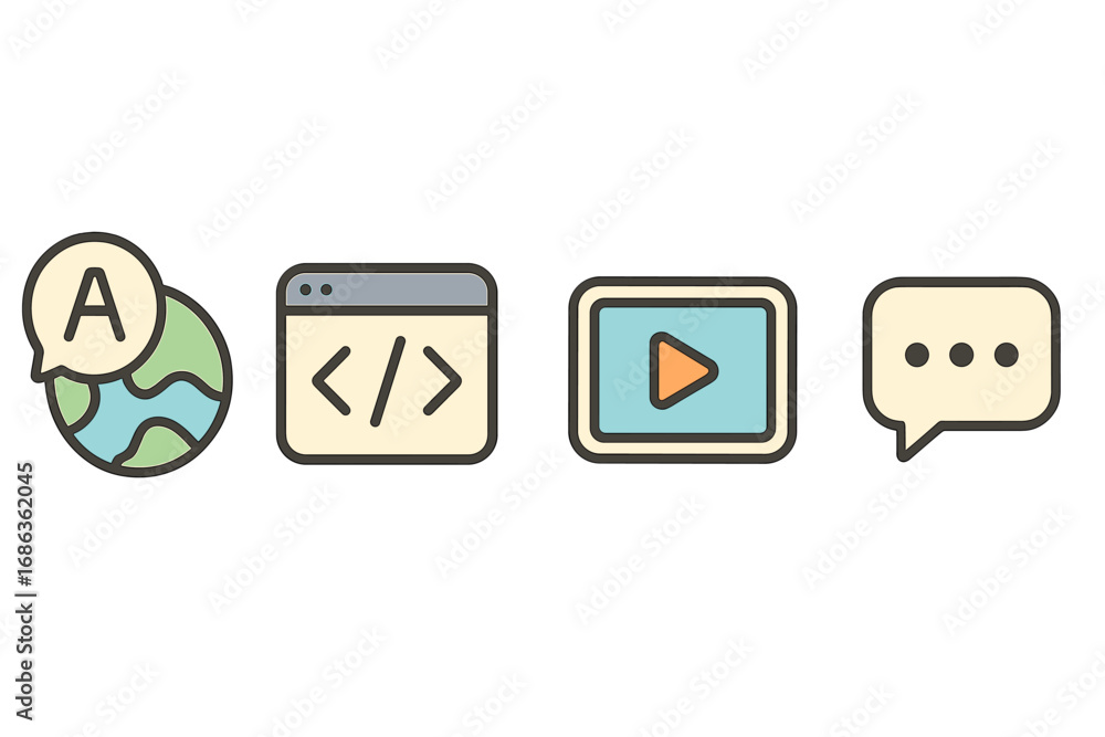 Poster modern flat icons set of language, coding, media, and communication symbols. vector cartoon illustra