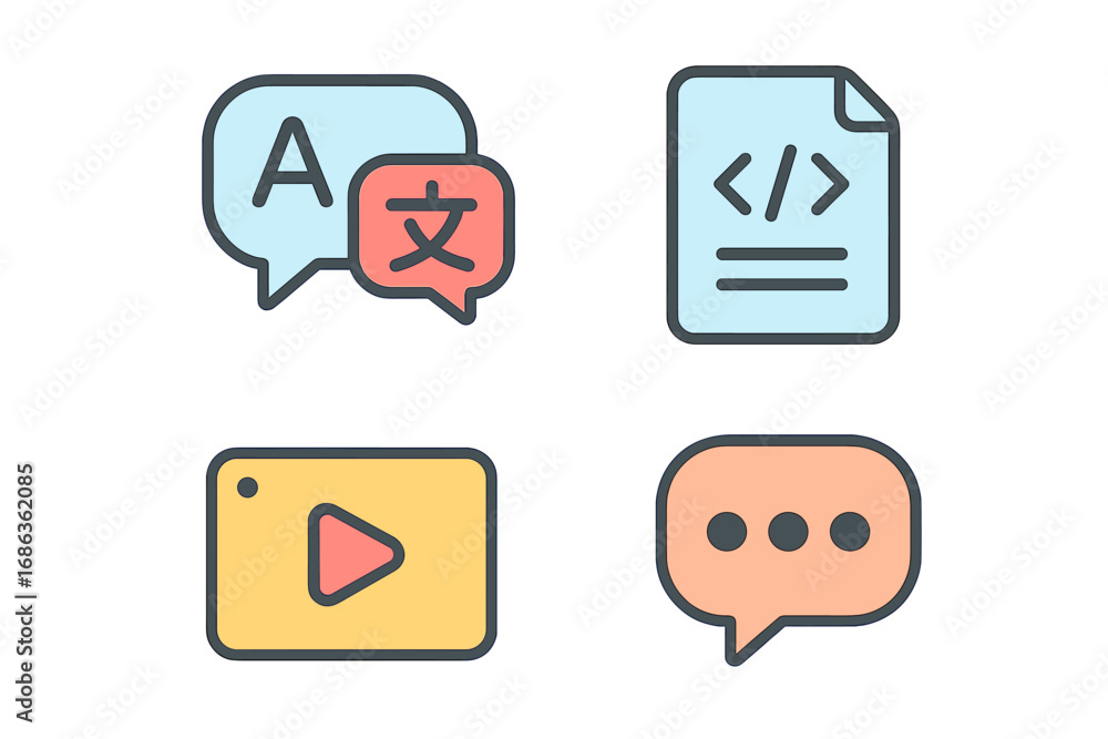 Poster modern flat icons set of language translation, coding, media play, and communication symbols with co