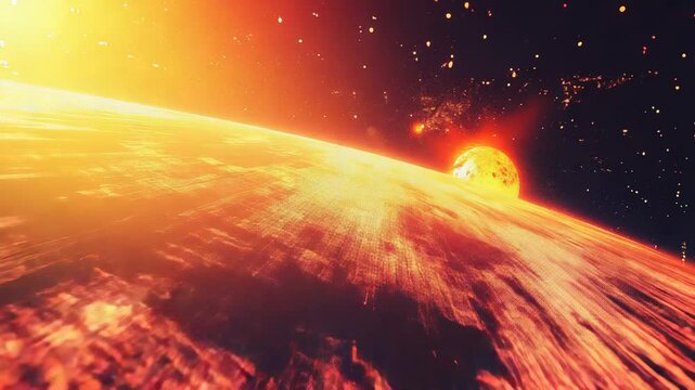Data flowing from futuristic planet with setting sun and digital matrix effect