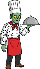 Cartoon zombie chef — green undead character in white hat, red apron, holding cloche, humorous cooking theme, spooky kitchen illustration