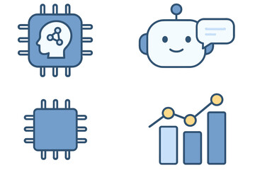 Modern Technology Icons Set Featuring AI Chip, Friendly Chatbot, Microprocessor, and Data Analytics Graph in Flat Vector Cartoon Style with Transparent Background