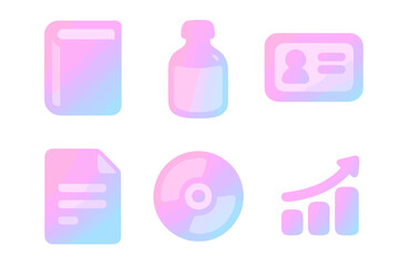 Set of pastel gradient vector icons including book, bottle, ID card, document, disc, and chart, soft colorful cartoon style with transparent background, ordered collection for design