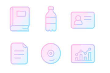 Pastel Gradient Icon Set with Book, Bottle, ID Card, Document, Disc, and Chart Illustrations, Transparent Background, Vector Cartoon Style, Ordered Collection of Essential Symbols