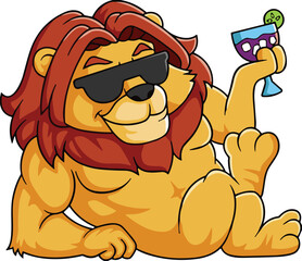 Muscular cartoon lion lounging with cocktail — red mane, sunglasses, relaxed pose, cool animal character, whimsical vacation party illustration