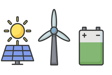 Renewable energy icon set including solar panel illustration, wind turbine vector, battery storage symbol cartoon, eco power designs with transparent background