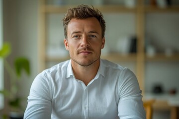 Young businessman talking in the office, consulting and advising through a video call, offering support and guidance on a professional matter, maintaining focus and clarity, Generative AI