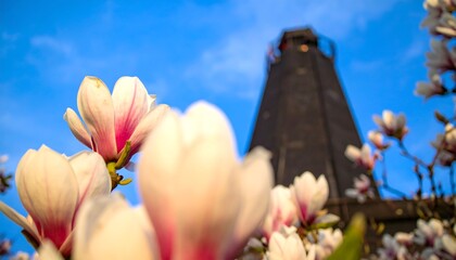 Close-up magnolia blossoms in front of a tall dark structure