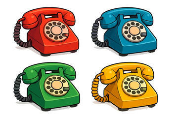 Retro 3D Telephones in Vibrant Colors Showing Classic Rotary Dial Design, Cartoon Style Vector Illustration, Bright Colored Vintage Phone Set with Transparent Background