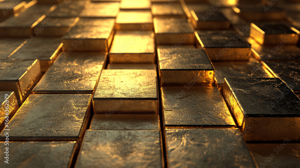 Poster golden light bathes abstract stone cubes, creating depth and contrast on a geometric textured backgr