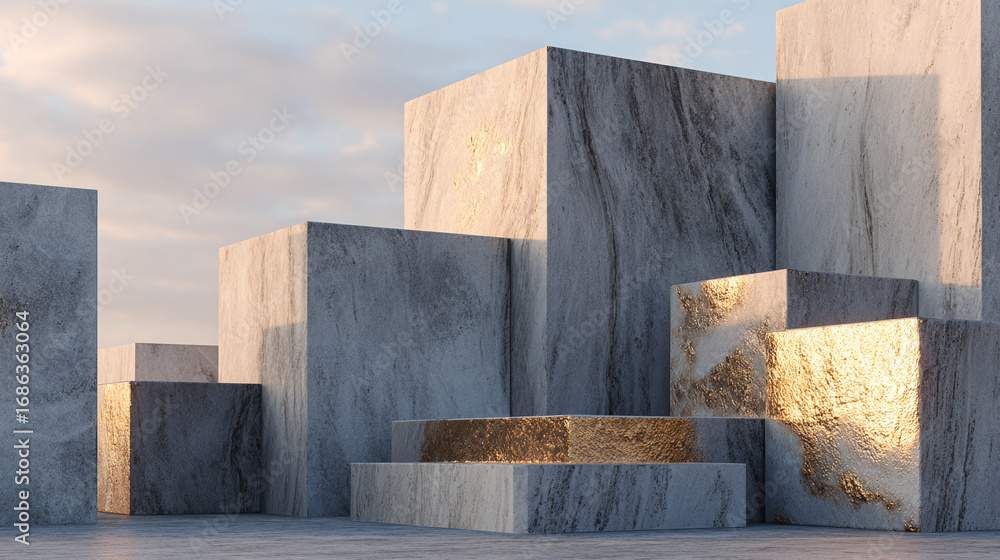 Poster golden light bathes abstract stone cubes, creating depth and contrast on a geometric textured backgr