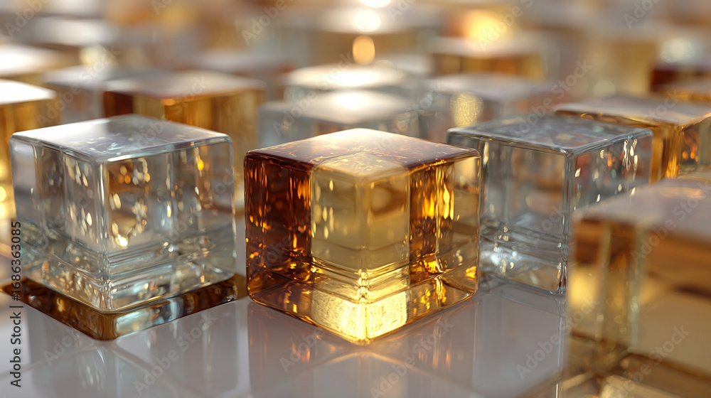 Poster golden light bathes abstract stone cubes, creating depth and contrast on a geometric textured backgr