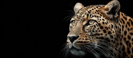 Fototapeta premium Dramatic Leopard Portrait with Detailed Spots Looking Right on Black Background