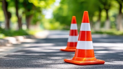 Two bright orange and white traffic cones stand on an asphalt road under a sunny sky, with blurred green trees in the background, signaling caution.