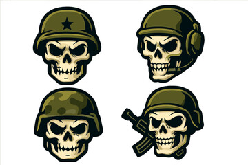 Set of soldier skull mascots in military helmets. Army special forces emblem. Tactical combat warrior skeleton head logo. Vector illustration for esport, gaming, and team branding.