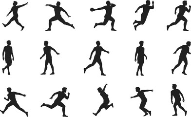 Sixteen human silhouettes in athletic poses — running, jumping, throwing, walking, dynamic movement grid for sports, animation, or biomechanics illustration