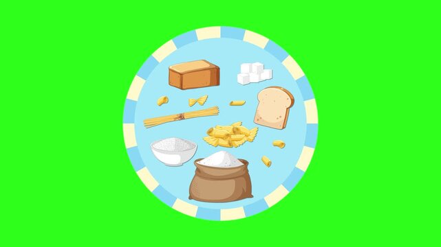 Animated Assortment of Carbohydrate Foods on Green Background
