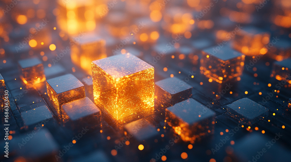 Poster golden light bathes abstract stone cubes, creating depth and contrast on a geometric textured backgr
