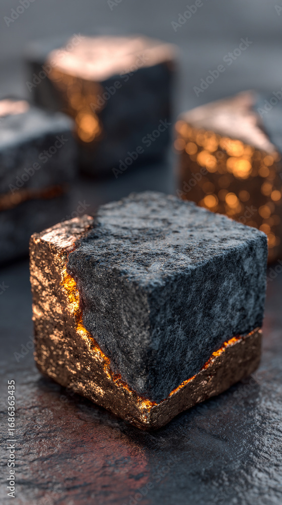 Poster golden light bathes abstract stone cubes, creating depth and contrast on a geometric textured backgr