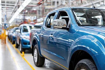 A vibrant blue pickup truck is prominently displayed on an assembly line within a modern vehicle manufacturing facility, with other similar trucks in the background, showcasing industrial production.