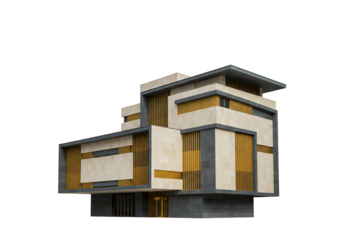 Modern building architectural design geometric structure with gold accents and transparent background