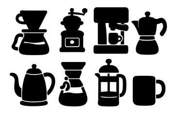 Silhouette icons of coffee brewing equipment for home baristas, vector cartoon illustration with transparent background, ordered set, coffee grinder, espresso machine, French press, moka pot