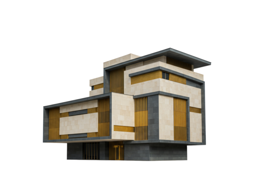 Modern building architectural design geometric structure with gold accents and transparent background