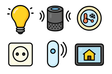 Smart Home Icons Set with Light Bulb, Voice Assistant, Thermostat, Power Outlet, Sensor, and Monitor &ndash; Vector Cartoon Style Transparent Background, Technology and Automation Elements