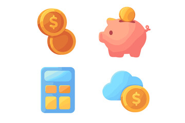 Soft gradient financial icons set featuring piggy bank, coins, calculator, and cloud with money. Vector cartoon illustration with transparent background, ordered flat finance symbols
