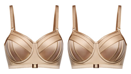 Elegant beige and gold bra illustration featuring intricate stitching design isolated on transparent background.