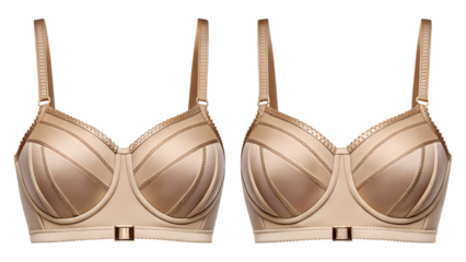 Elegant beige and gold bra illustration featuring intricate stitching design isolated on transparent background.
