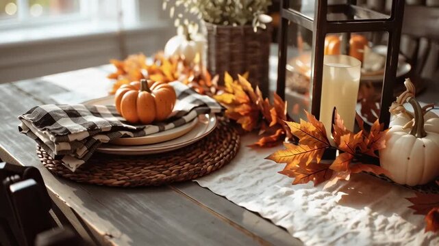 Cozy autumn table setting with pumpkins and fall decorations  