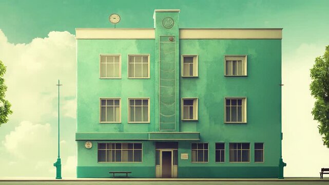 Green building with clock and tree under cloudy sky