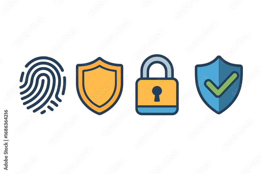 Poster cybersecurity vector icon set. flat design elements for data protection and privacy. fingerprint, sh