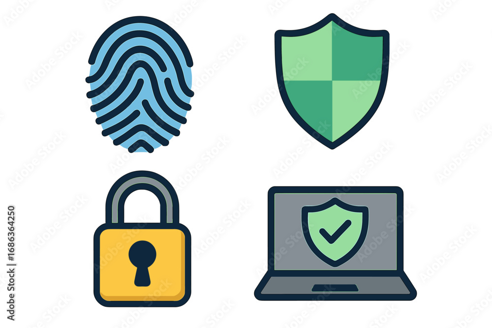 Fototapete cybersecurity icon set with fingerprint for biometric access, shield for data protection, and padloc