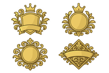 Set of golden royal crests. Luxury heraldic emblems with crowns, shields, and ribbons. Vintage ornamental logo templates. Elegant filigree badge collection for premium brands.