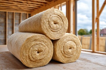Naklejka na ściany i meble Three rolls of insulation material are stacked on a wooden surface inside a house under construction.