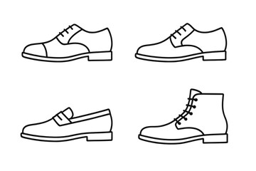 Men's shoes outline icon set. Classic male footwear collection. Formal and casual styles like oxford, derby, loafer, and boot. Minimalist vector line art illustration.