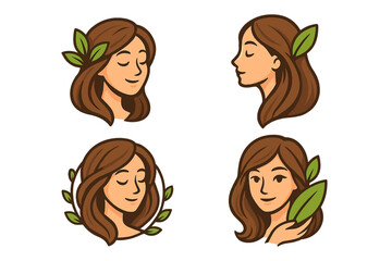 Beautiful woman face with green leaves logo set. Natural beauty, spa, wellness, organic concept. Vector girl head illustration collection for cosmetics brand identity or eco mascot.