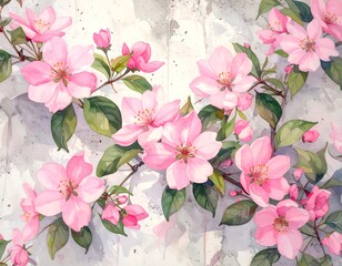 Watercolor illustration of blossoming pink flowers on branches against a light gray textured background
