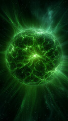 3D abstract green energy orb with radiant power rays on a dark background. Futuristic science and technology concept symbolizing nuclear energy, innovations, cosmic phenomena, and the Universe.