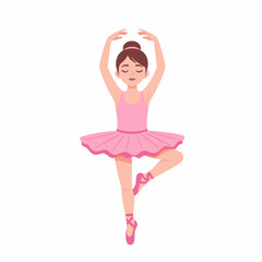 Flat vector illustration of young girl ballet dancer in pink tutu