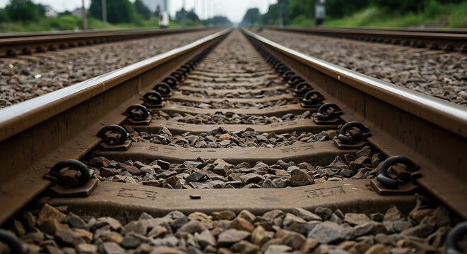 Railway tracks stretching into the distance. Perspective view of parallel lines converging, symbolizing journey and transportation.
