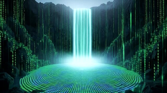 Futuristic waterfall cascading in a digital landscape with binary code and glowing effects