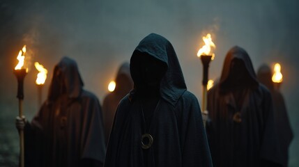 Figures in dark cloaks with torches standing in a misty forest  