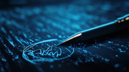 Pen circling data point on futuristic touchscreen displaying financial charts - Powered by Adobe