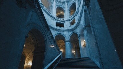 Grandiose spiraling staircase in a classic architectural building design